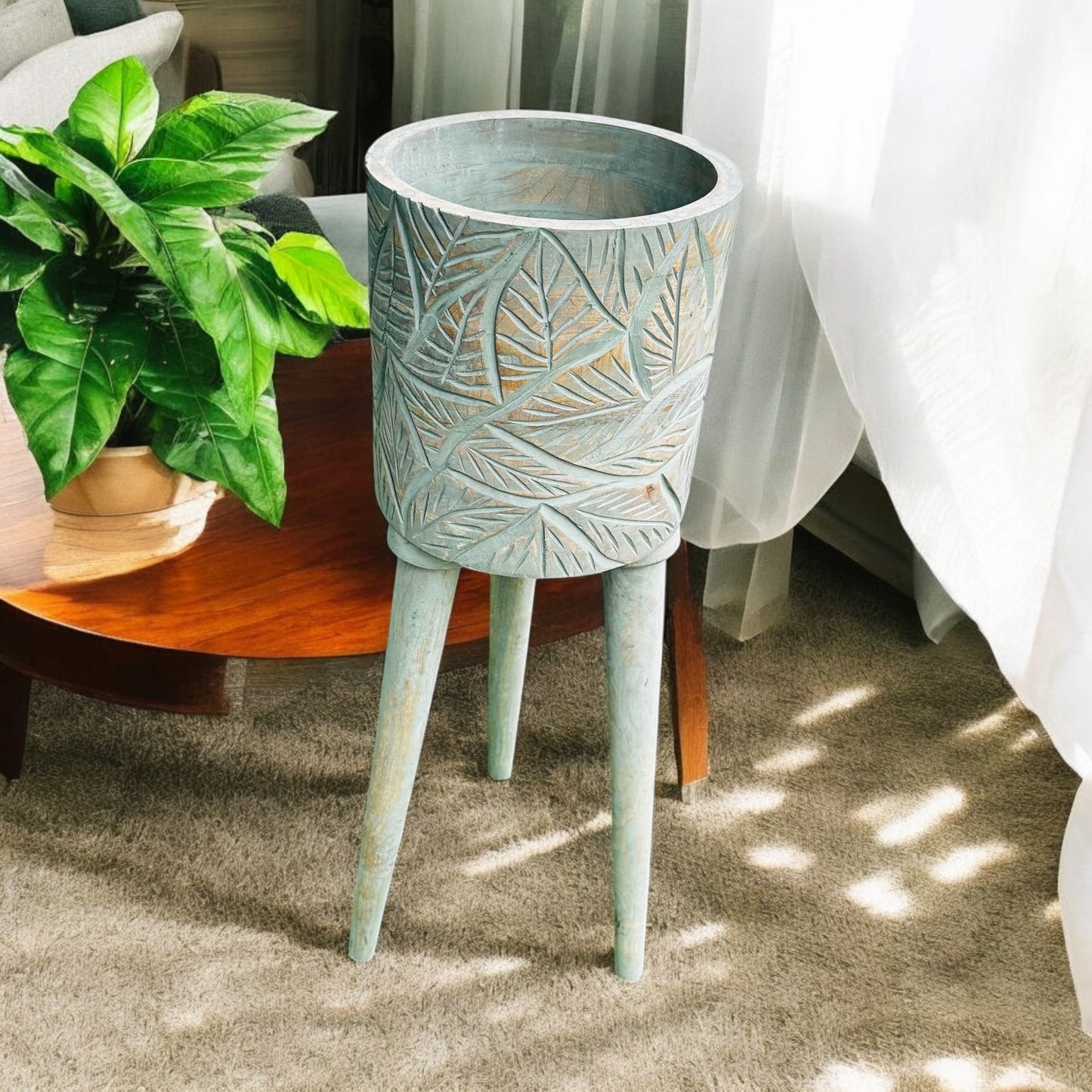 The Antique Verdigris Vessel Mango Wood Planter with detachable legs