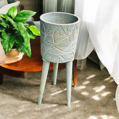 The Antique Verdigris Vessel Mango Wood Planter with detachable legs