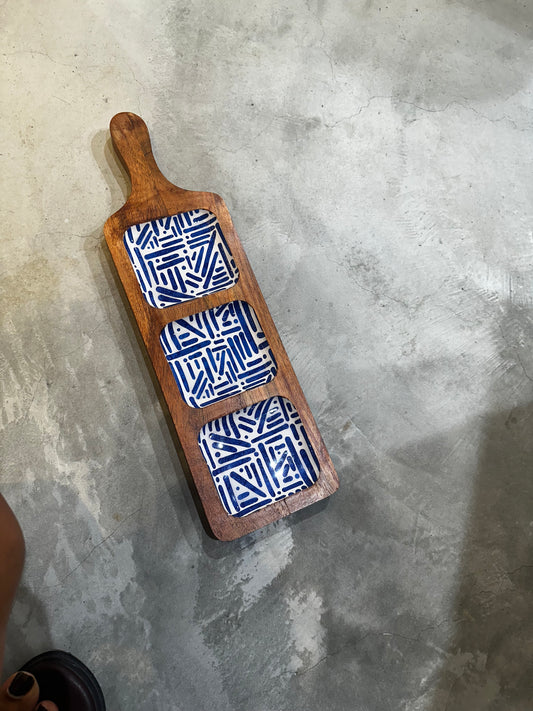 Meraki Blue Meridian Three Part Acacia Wood Platter - single