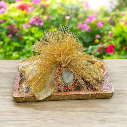 Diwali Hamper 2: Wooden golden chip bowl platter with diwali goodies including normal delivery