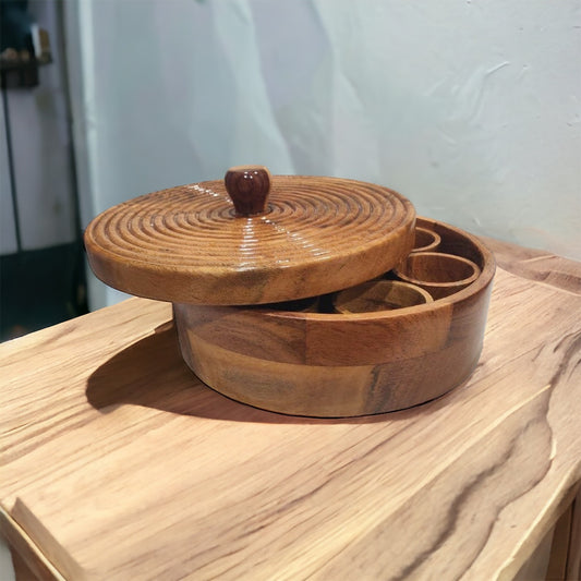 Acacia Wood Round Spice Box Carousel