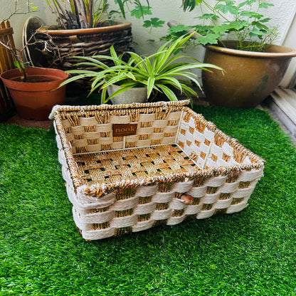 Woven basket on a green grassy surface with plants in the background