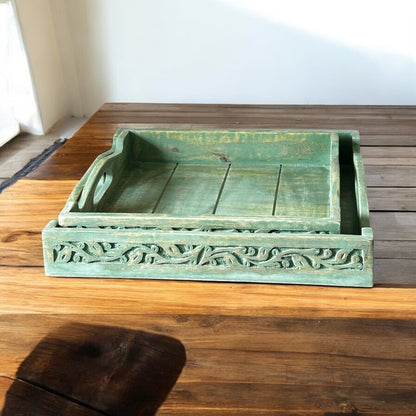 Mango Grove Washed Green Antique Leaf-Embossed Nested Square Trays