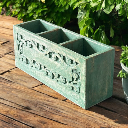 Mango Grove Washed Green Antique Leaf-Embossed Cutlery Holder - single