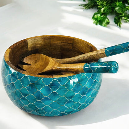 Meraki Turquoise Dream Mango Wood Salad bowl with 2 Servers