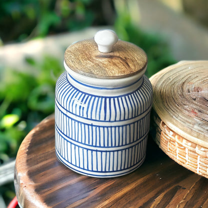 Hand painted blue geometric lines airtight jar - single