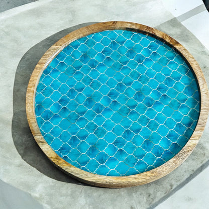 Meraki Turquoise Dream Mango Wood Round Platter - single
