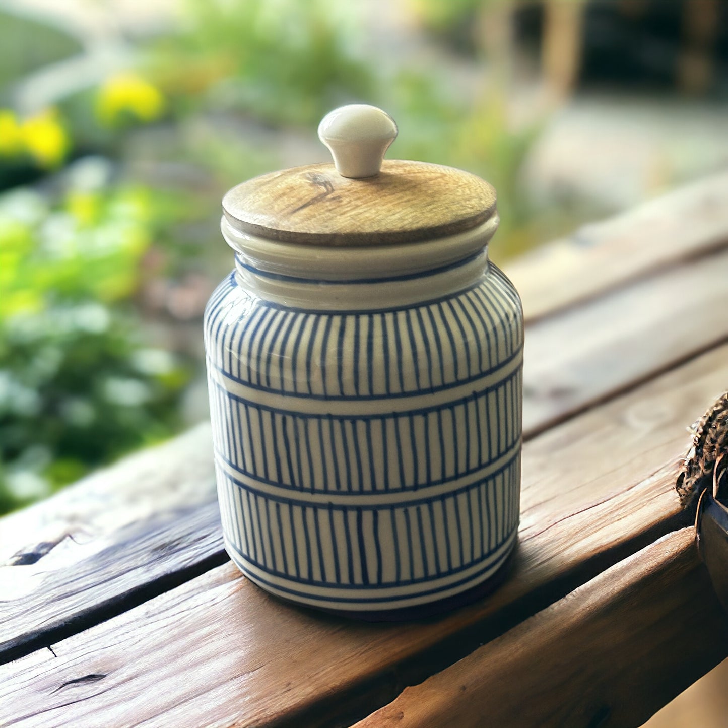 Hand painted blue geometric lines airtight jar - single