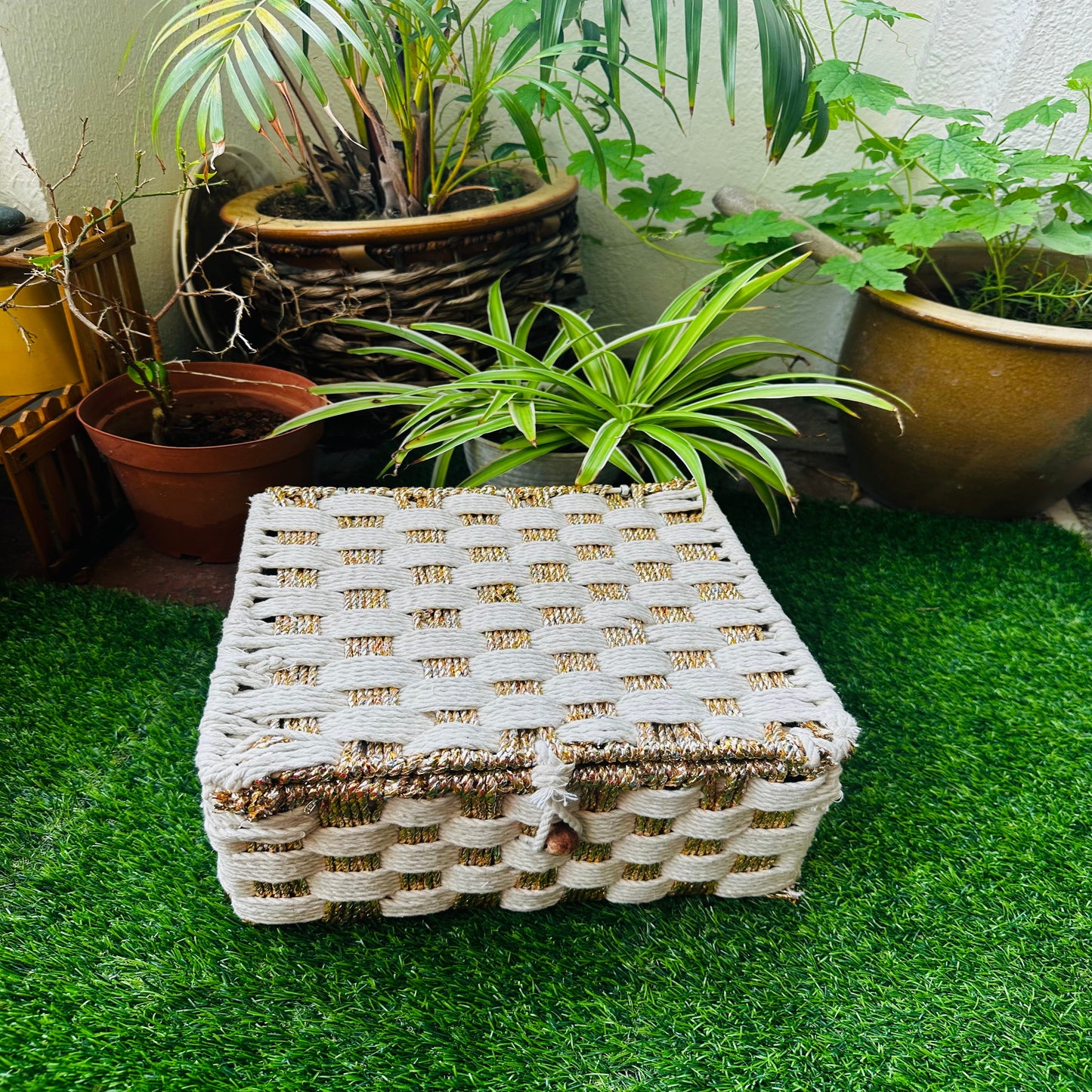 White & Gold Woven Tones Cotton Rope Organizer Box - single