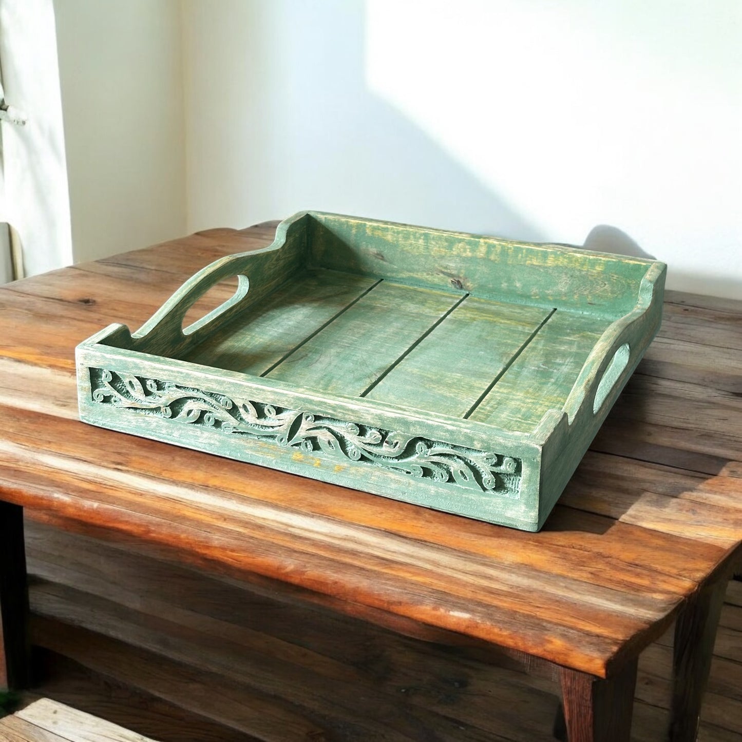 Mango Grove Washed Green Antique Leaf-Embossed Nested Square Trays