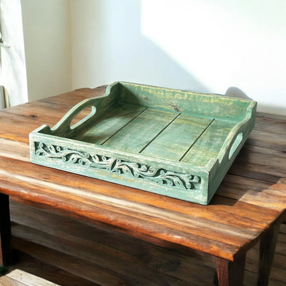 Mango Grove Washed Green Antique Leaf-Embossed Nested Square Trays