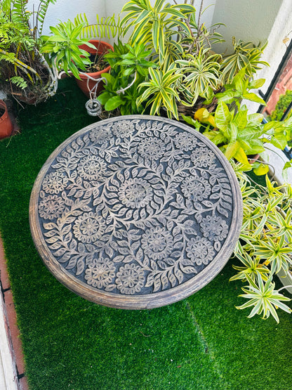 Regal Root Majestic Carving Mango Wood Stool with detachable leg