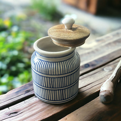 Hand painted blue geometric lines airtight jar - single