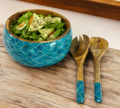 Meraki Turquoise Dream Mango Wood Salad bowl with 2 Servers