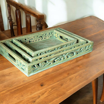 Mango Wood Washed Green Nested Antique Rectangular Trays