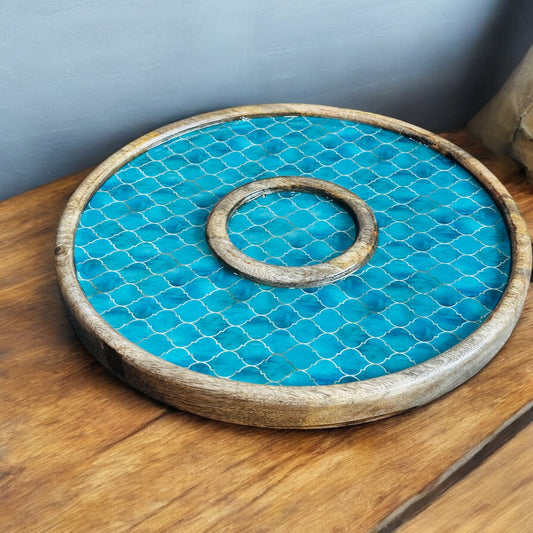 Meraki Turquoise Dream Mango Wood Round Dip Platter - single