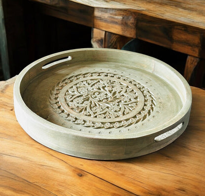 Mango Wood NatureLuxe Washed Olive Nested Antique Round Trays