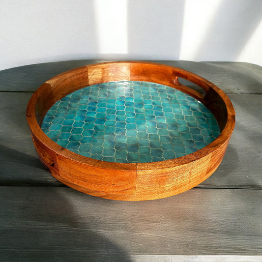 Turquoise Dream Round Acacia Wood Tray - single