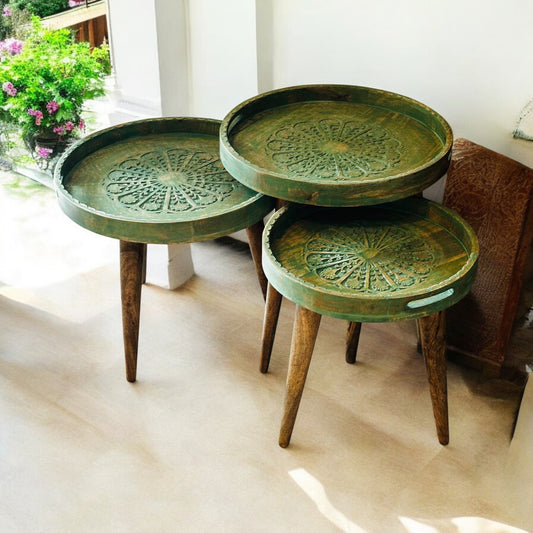 Mango Wood Antique Washed Green LeafHaven Detachable Tables