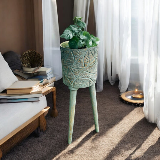 The Antique Verdigris Vessel Mango Wood Planter with detachable legs