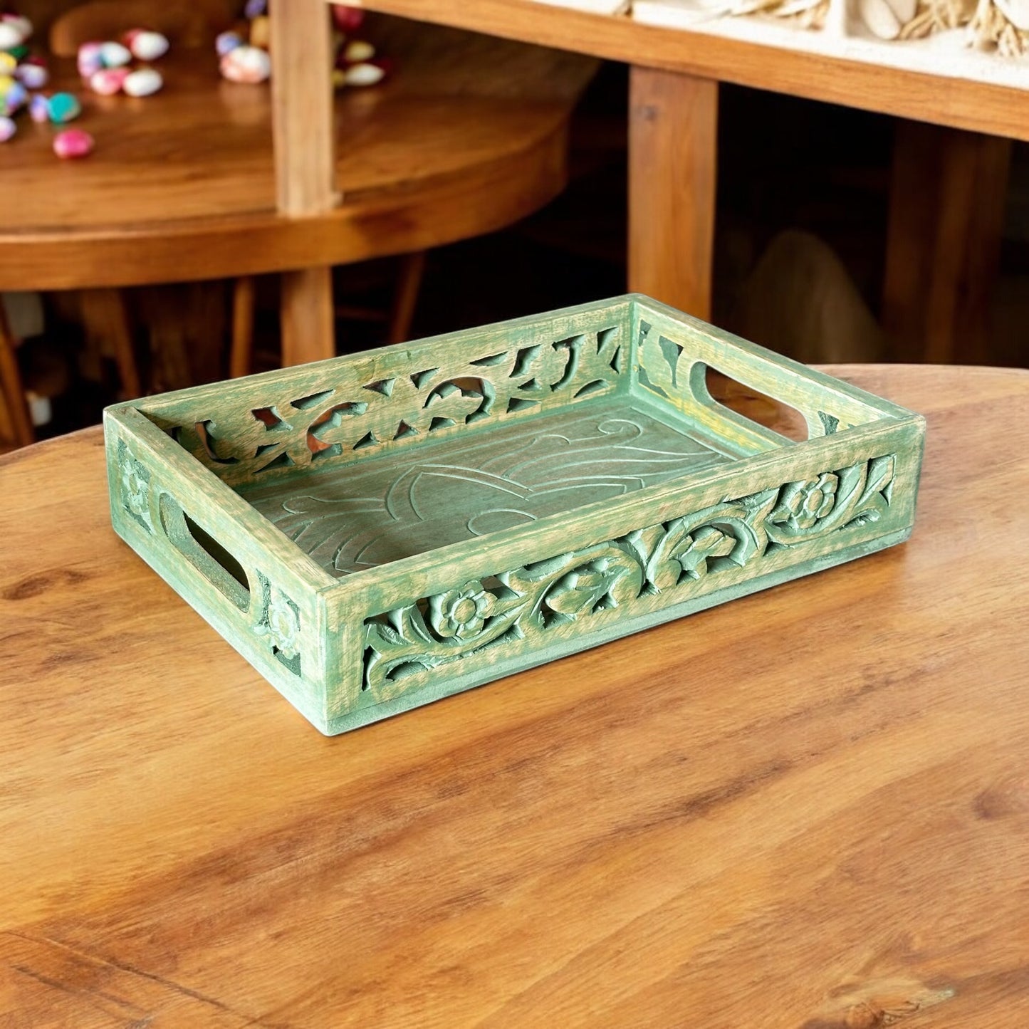 Mango Wood Washed Green Nested Antique Rectangular Trays