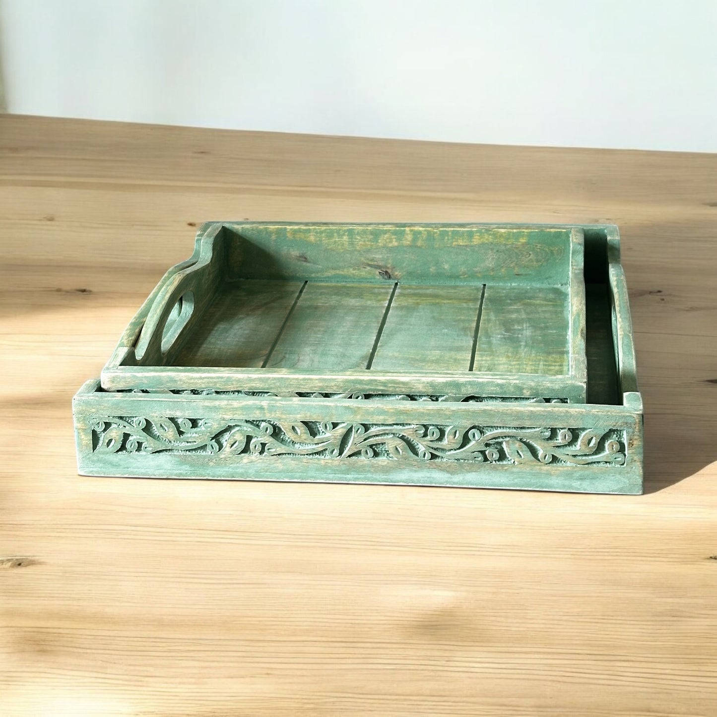 Mango Grove Washed Green Antique Leaf-Embossed Nested Square Trays