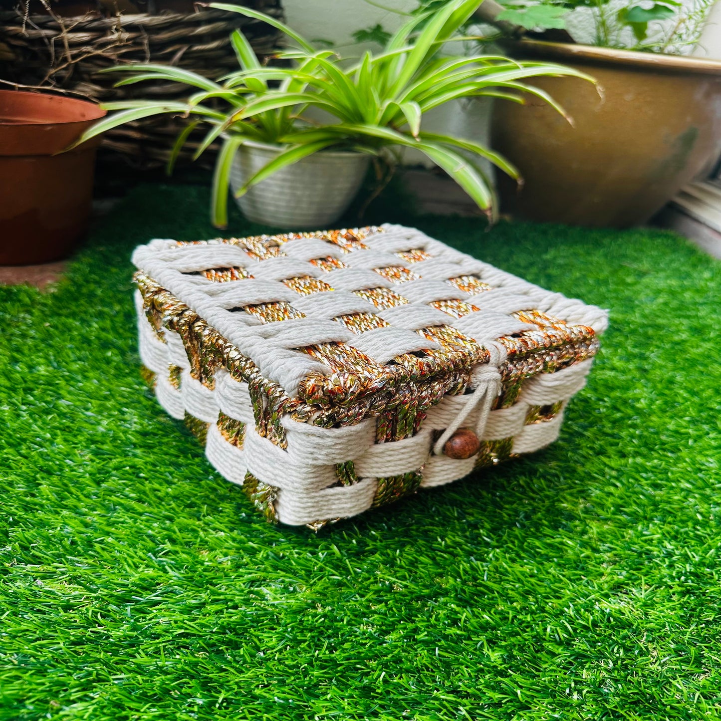 White & Gold Woven Tones Cotton Rope Organizer Box - single
