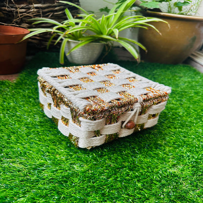 White & Gold Woven Tones Cotton Rope Organizer Box - single