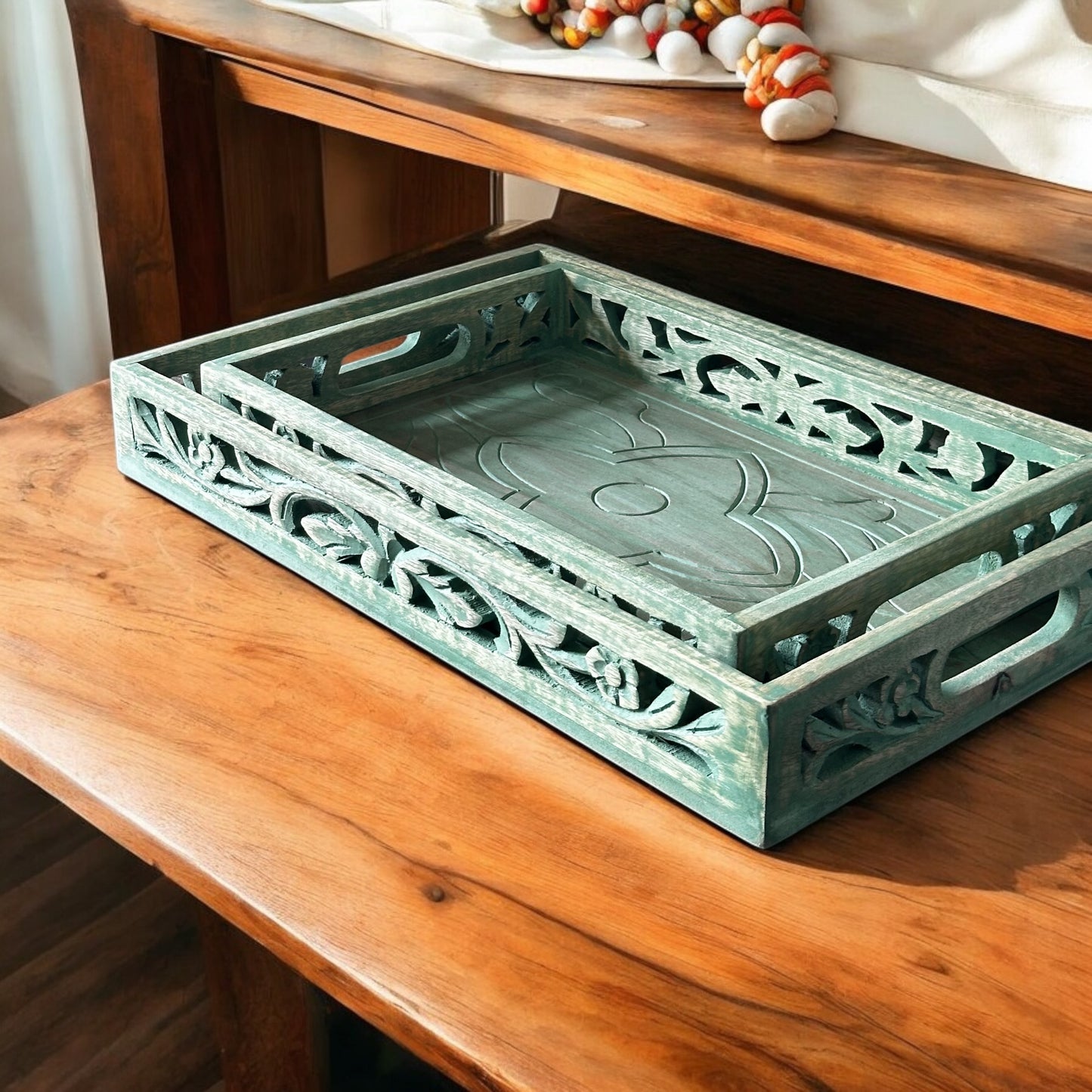 Mango Wood Washed Green Nested Antique Rectangular Trays