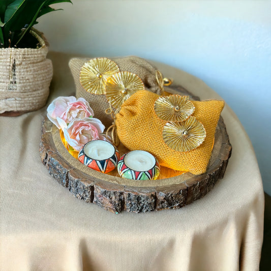 Diwali Hamper 5: Mango wood bark platter with diwali goodies including normal delivery