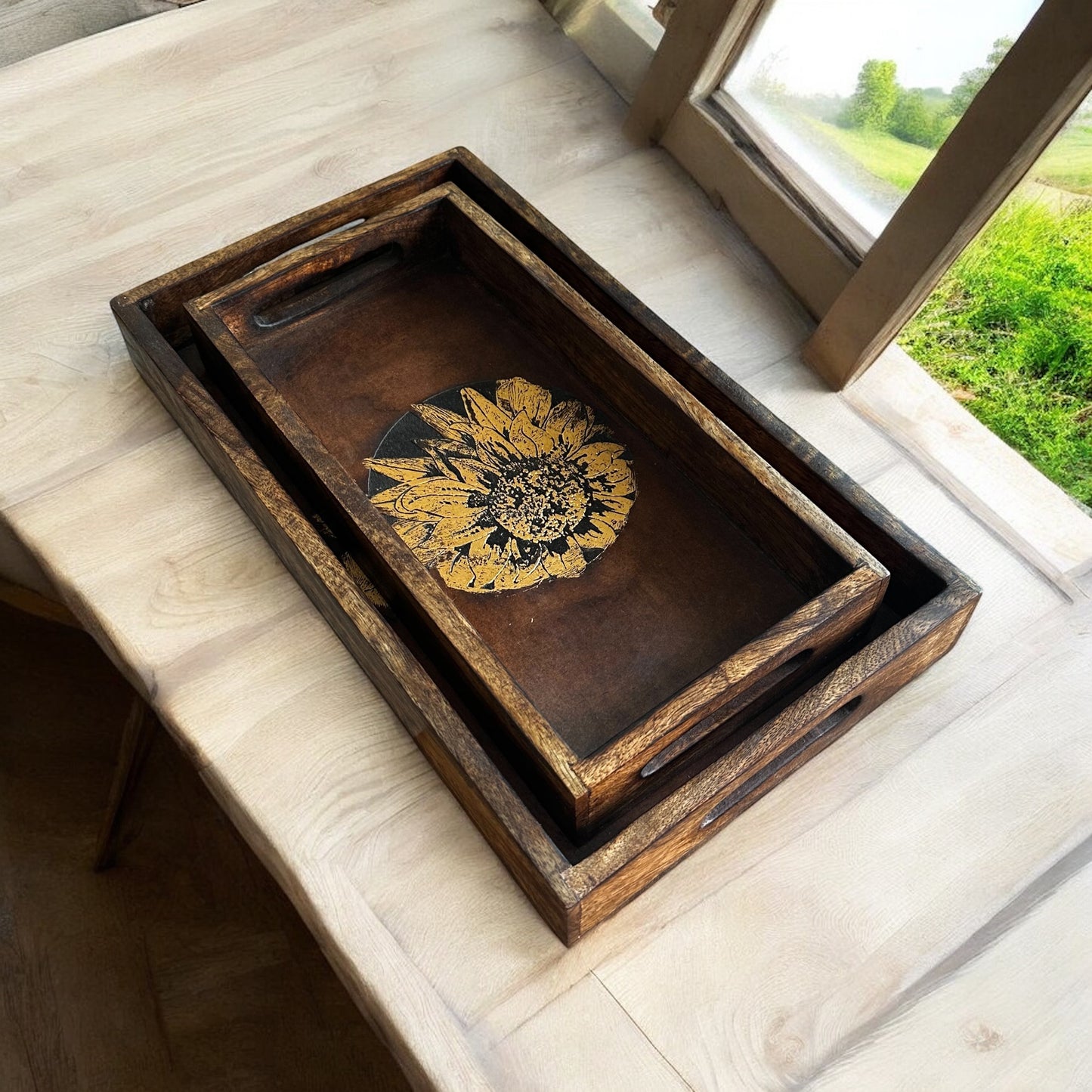 Mango Wood Bloom of Gold Rectangular Tray