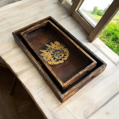 Mango Wood Bloom of Gold Rectangular Tray