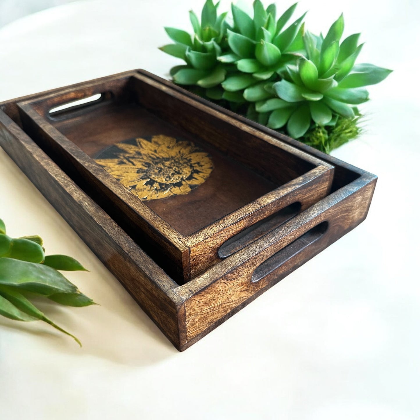 Mango Wood Bloom of Gold Rectangular Tray