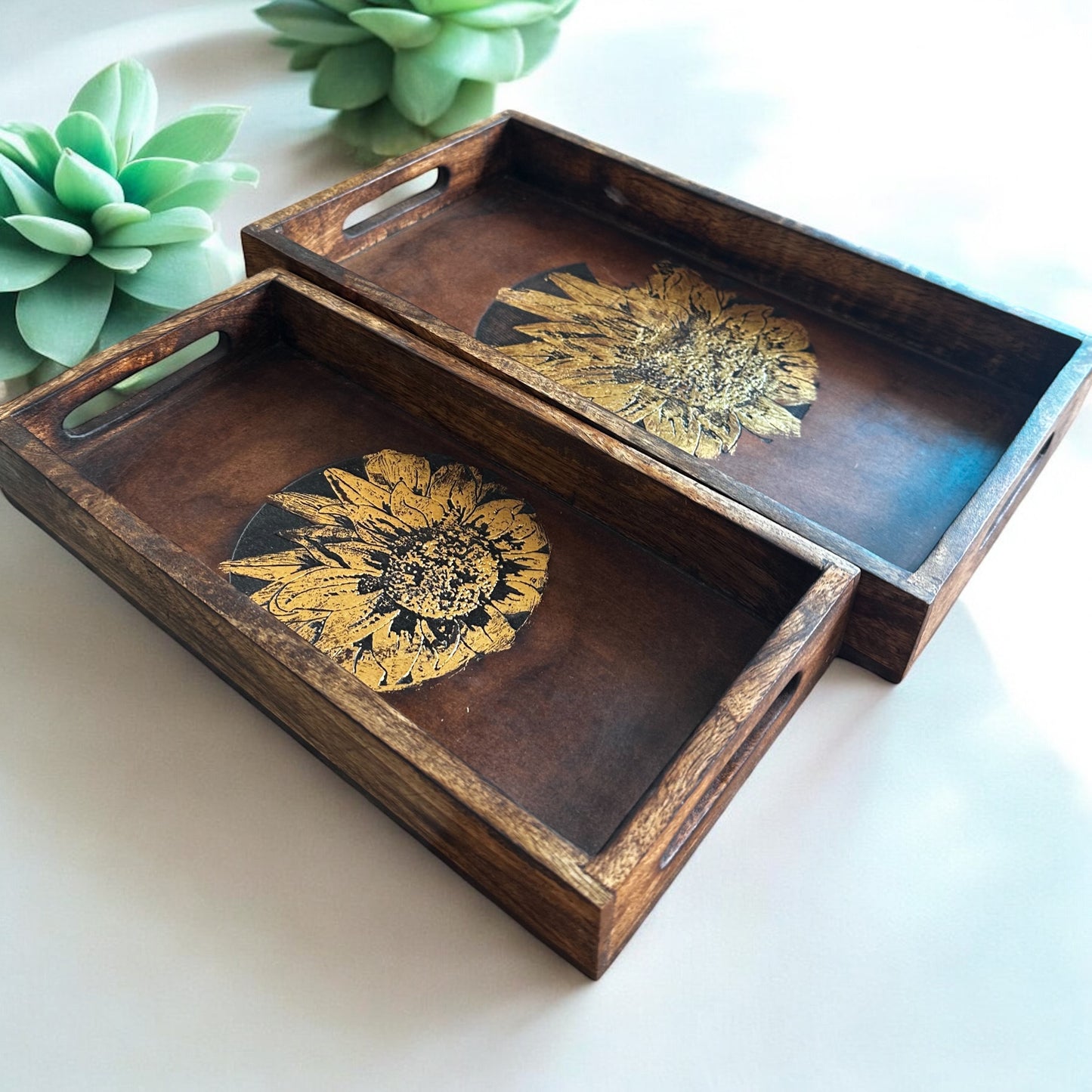 Mango Wood Bloom of Gold Rectangular Tray