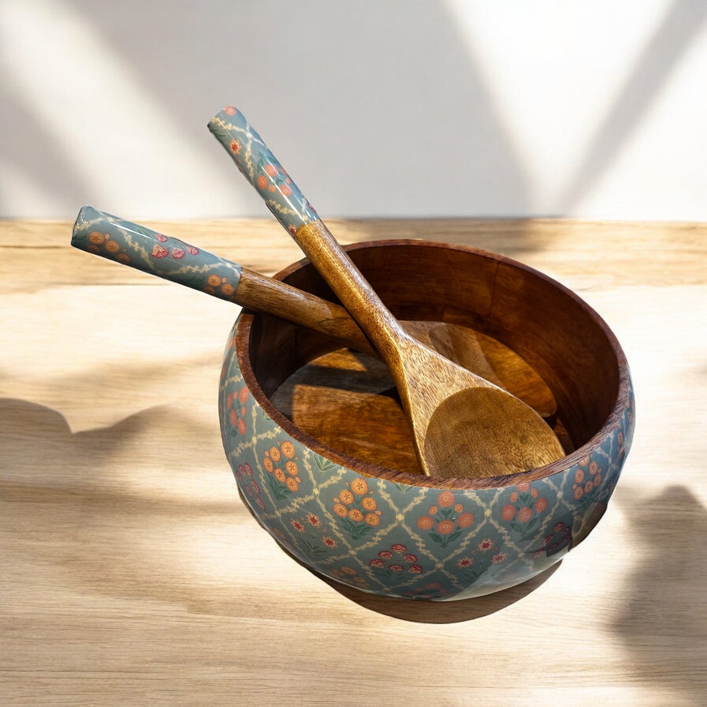 Meraki Botanical Bliss Mango Wood Salad bowl with Servers