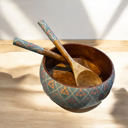 Meraki Botanical Bliss Mango Wood Salad bowl with Servers