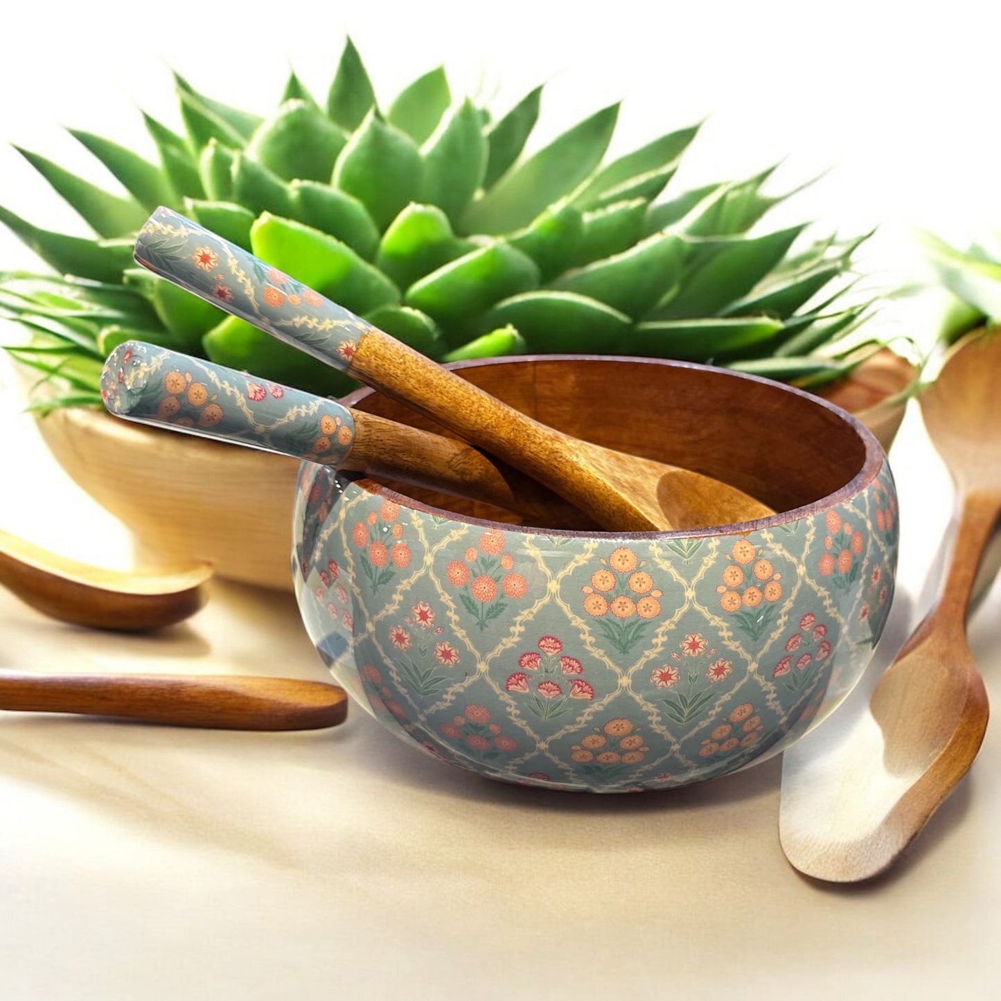 Meraki Botanical Bliss Mango Wood Salad bowl with Servers