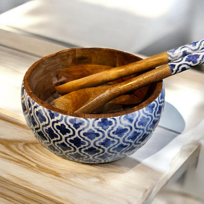 Meraki Faded Grey Aura Mango Wood Salad bowl with Servers