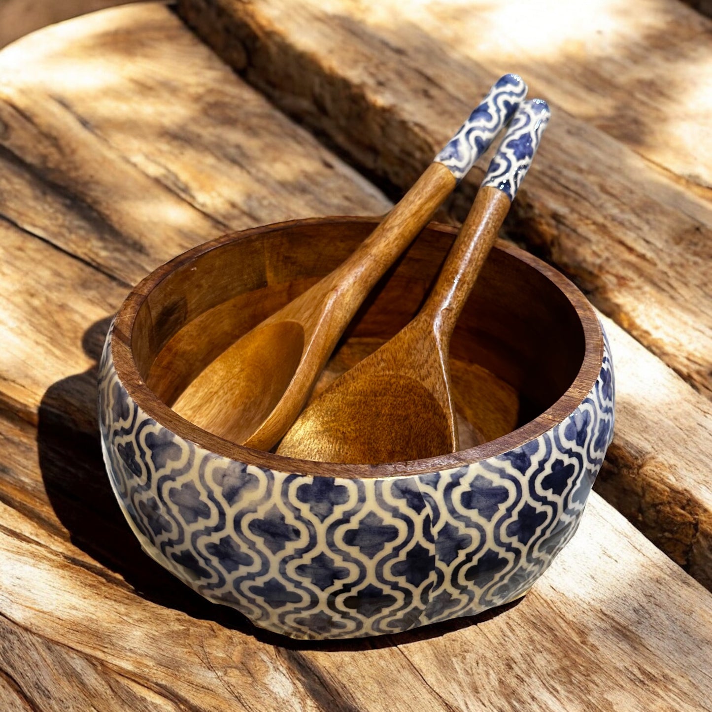 Meraki Faded Grey Aura Mango Wood Salad bowl with Servers