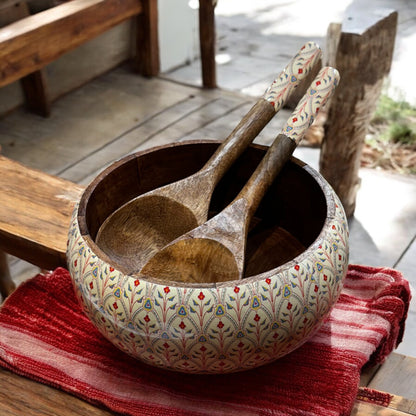 Meraki Scarlet Blossom Mango Wood Salad bowl with Two Servers