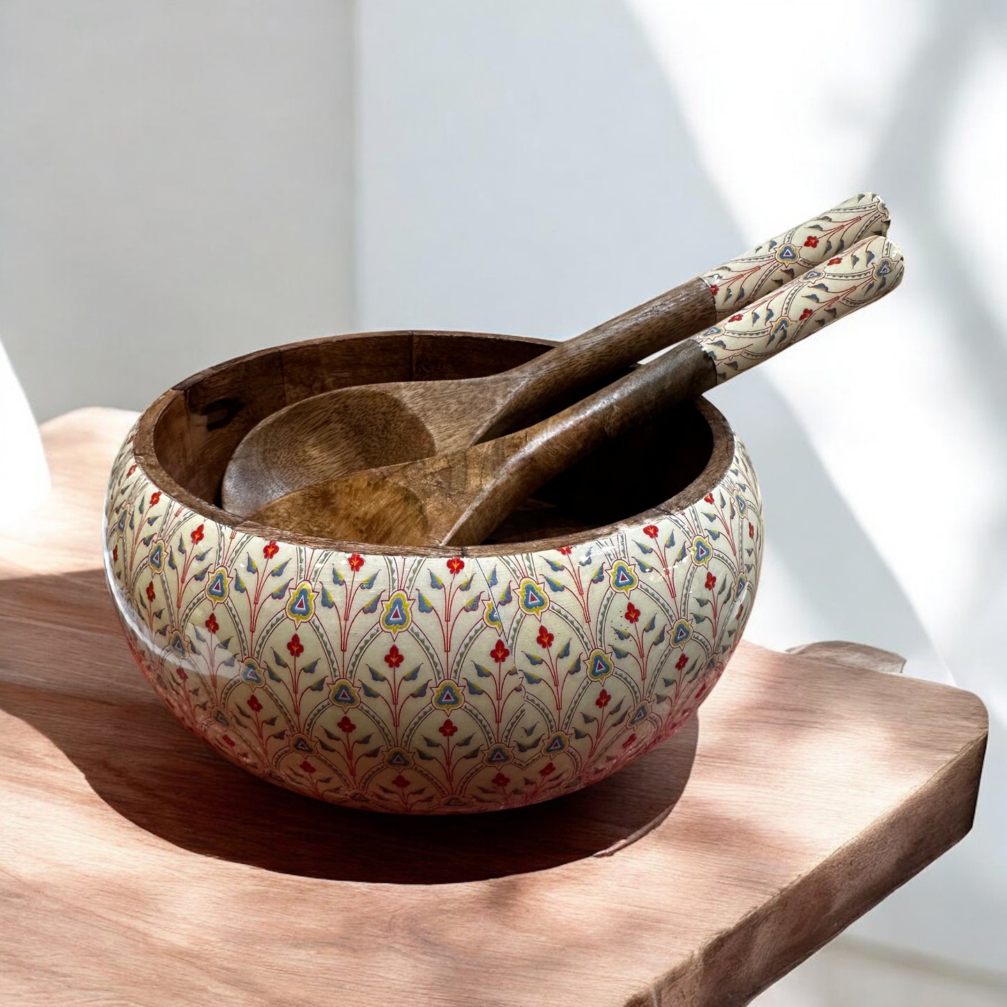 Meraki Scarlet Blossom Mango Wood Salad bowl with Two Servers