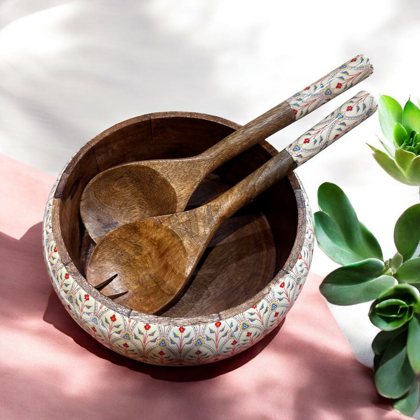 Meraki Scarlet Blossom Mango Wood Salad bowl with Two Servers