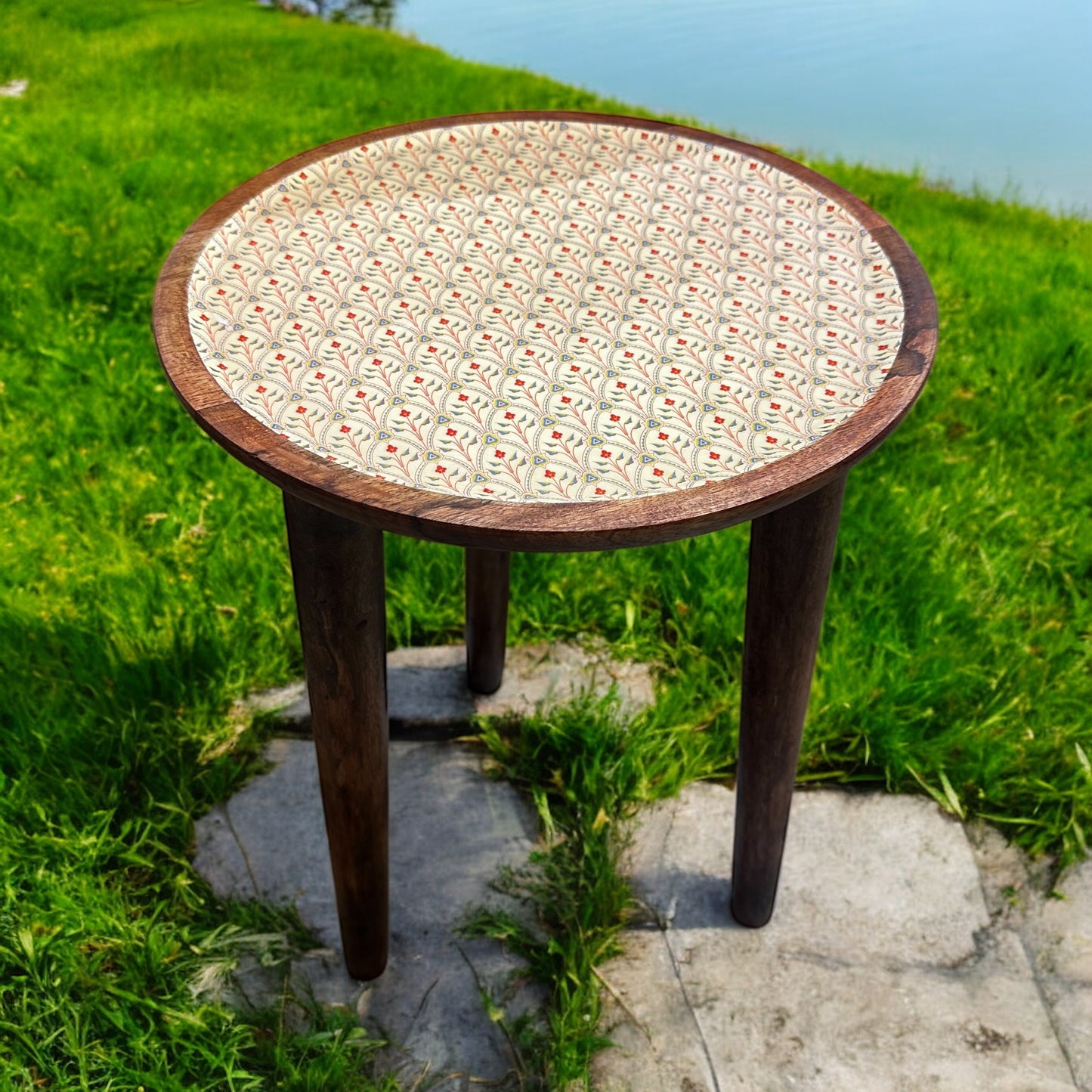 Mango Wood Accent Table Scarlet Blossom Enamel Detachable Legs Table - single