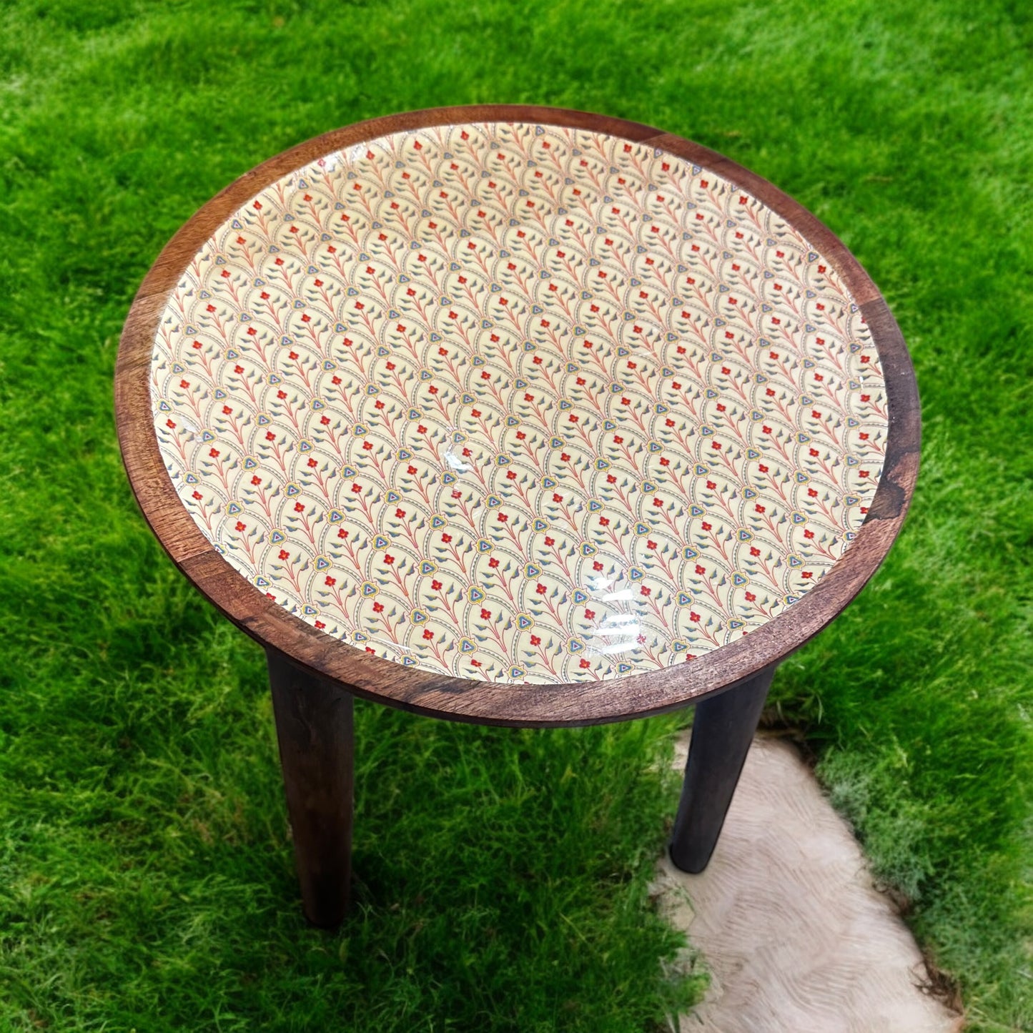 Mango Wood Accent Table Scarlet Blossom Enamel Detachable Legs Table - single