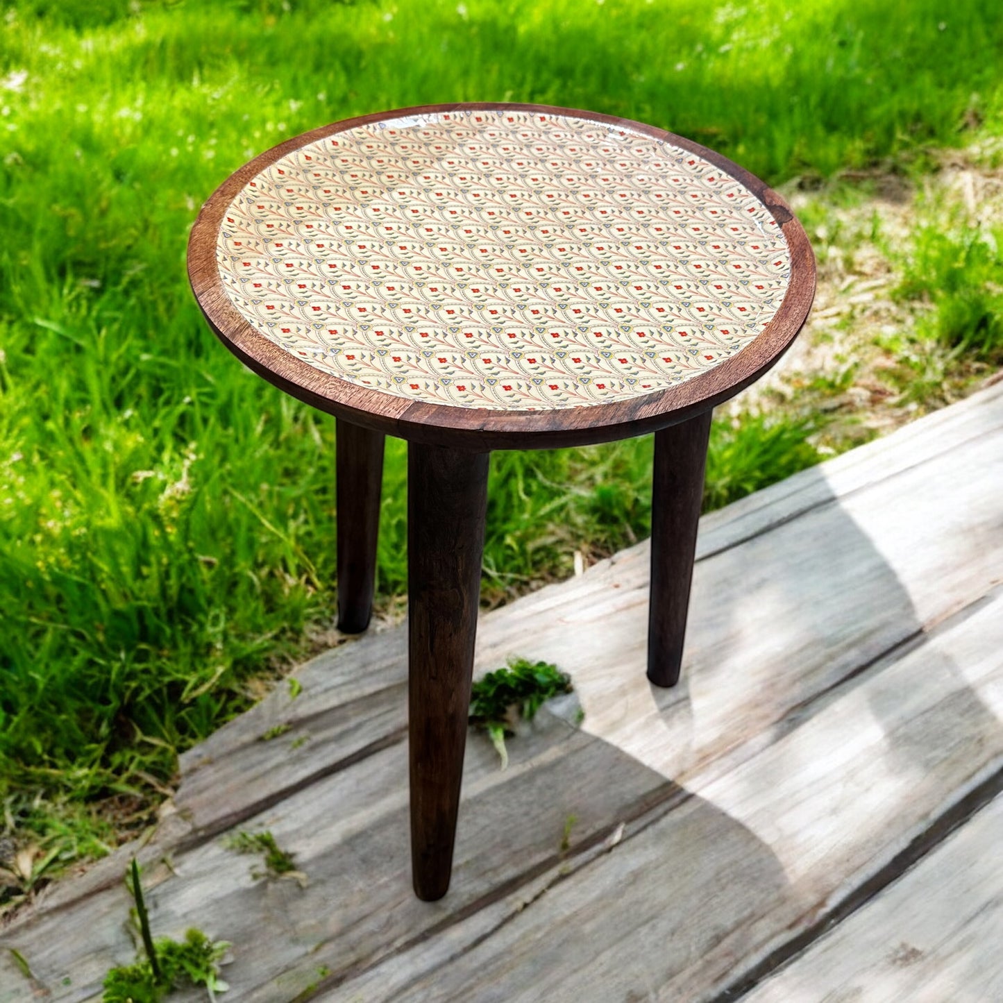 Mango Wood Accent Table Scarlet Blossom Enamel Detachable Legs Table - single