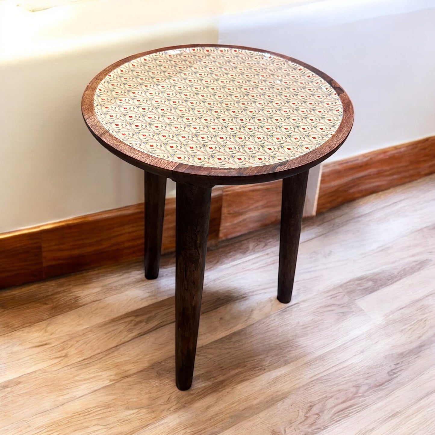 Mango Wood Accent Table Scarlet Blossom Enamel Detachable Legs Table - single