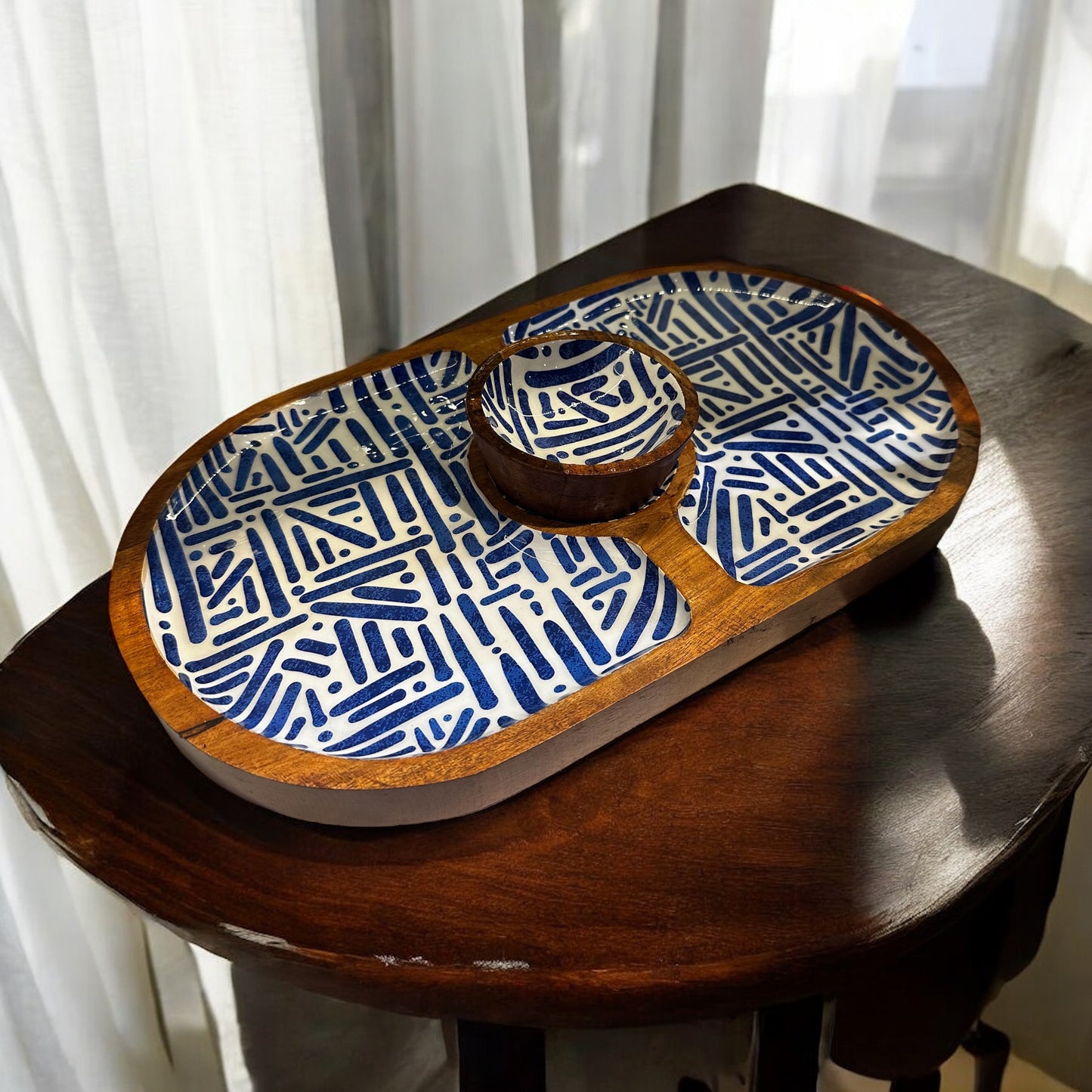 Meraki Blue Meridian Dual Side Acacia Wood Chip and Dip Platter - single