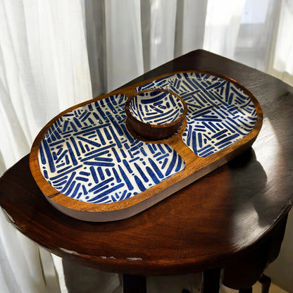 Meraki Blue Meridian Dual Side Acacia Wood Chip and Dip Platter - single