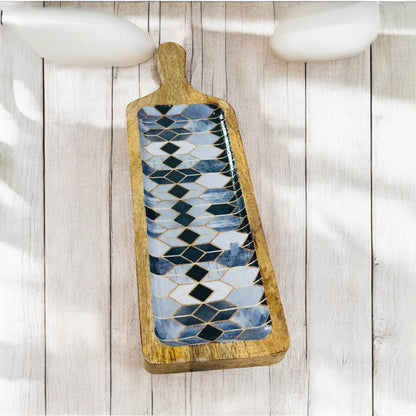 Meraki Contrast Geometric Elegance Mango Wood Long Platter - single