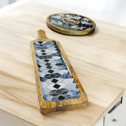 Meraki Contrast Geometric Elegance Mango Wood Long Platter - single